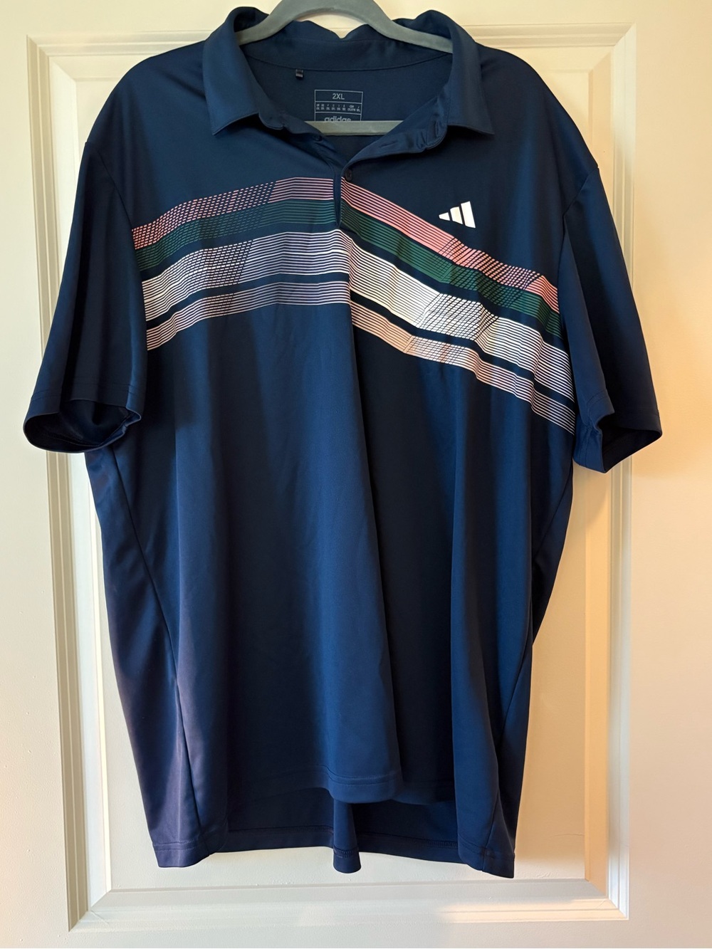 adidas Men’s Navy Polo with Pink, Green and White Stripe Accents